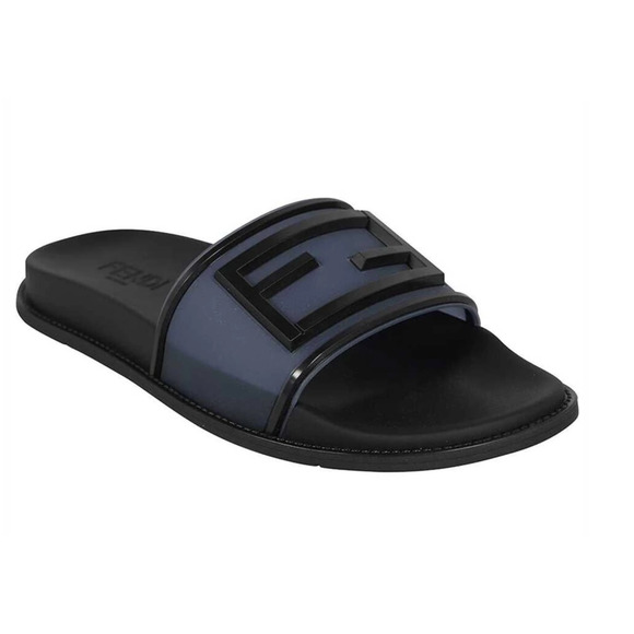 Fendi Mens Baguette Rubber Blue Black Logo Flat Slide Sandal Flip Flop UK 7 US 8 - Picture 2 of 12